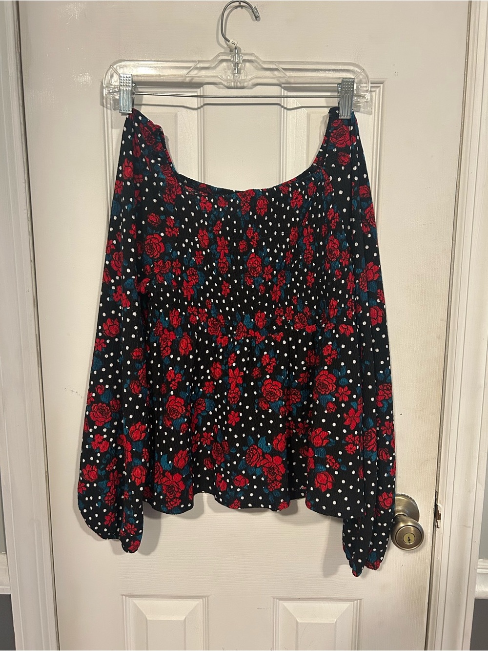 Self Esteem Black with Floral Red Rose Shirred Blouse